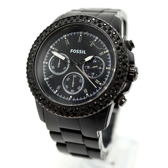 Fossil Black Acrylic 42mm Unisex Chronograph Watch Gem Set CH2672 w New Battery - Picture 1 of 14